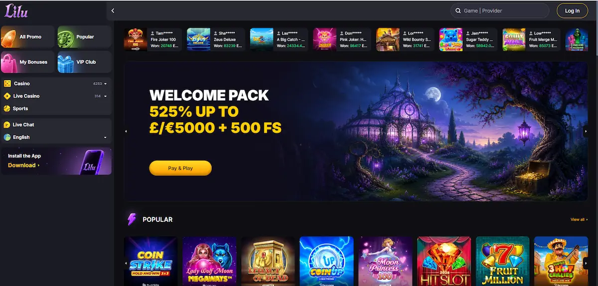 Lilu Casino homepage lobby with slots, live casino, and sportsbook navigation