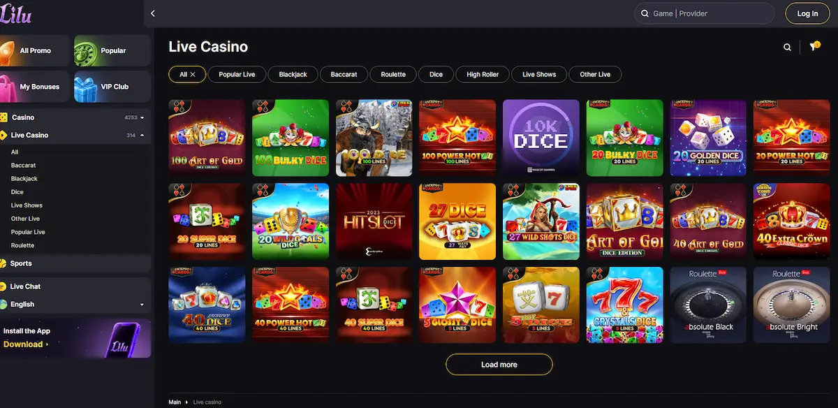 Lilu Casino live casino lobby with dice, roulette, and live show tables